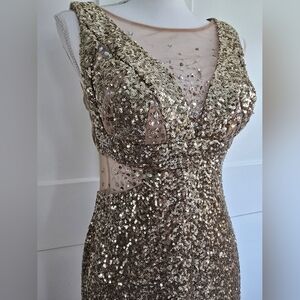 Ignite Evenings Gold Sequin Gown Dress Sheer Bodice